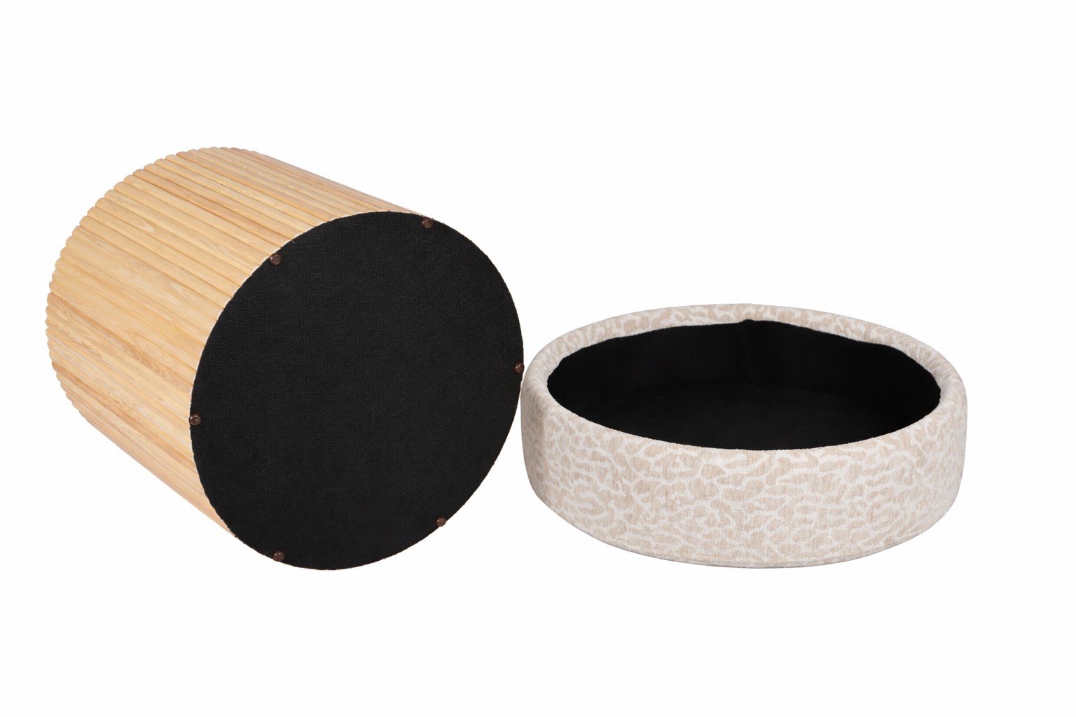 Close-up of natural wood vertical slat texture and craftsmanship on storage stool