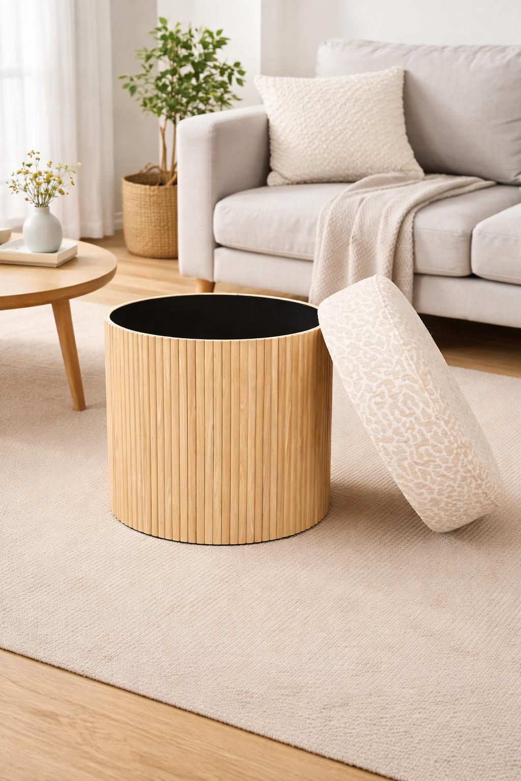 Modern living room setting with wood storage ottoman used as a coffee table seat