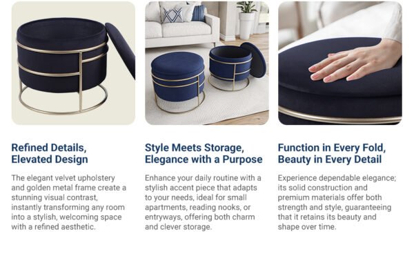 elegant velvet round ottoman with gold frame and storage 1 elegant velvet round ottoman with gold frame and storage 1