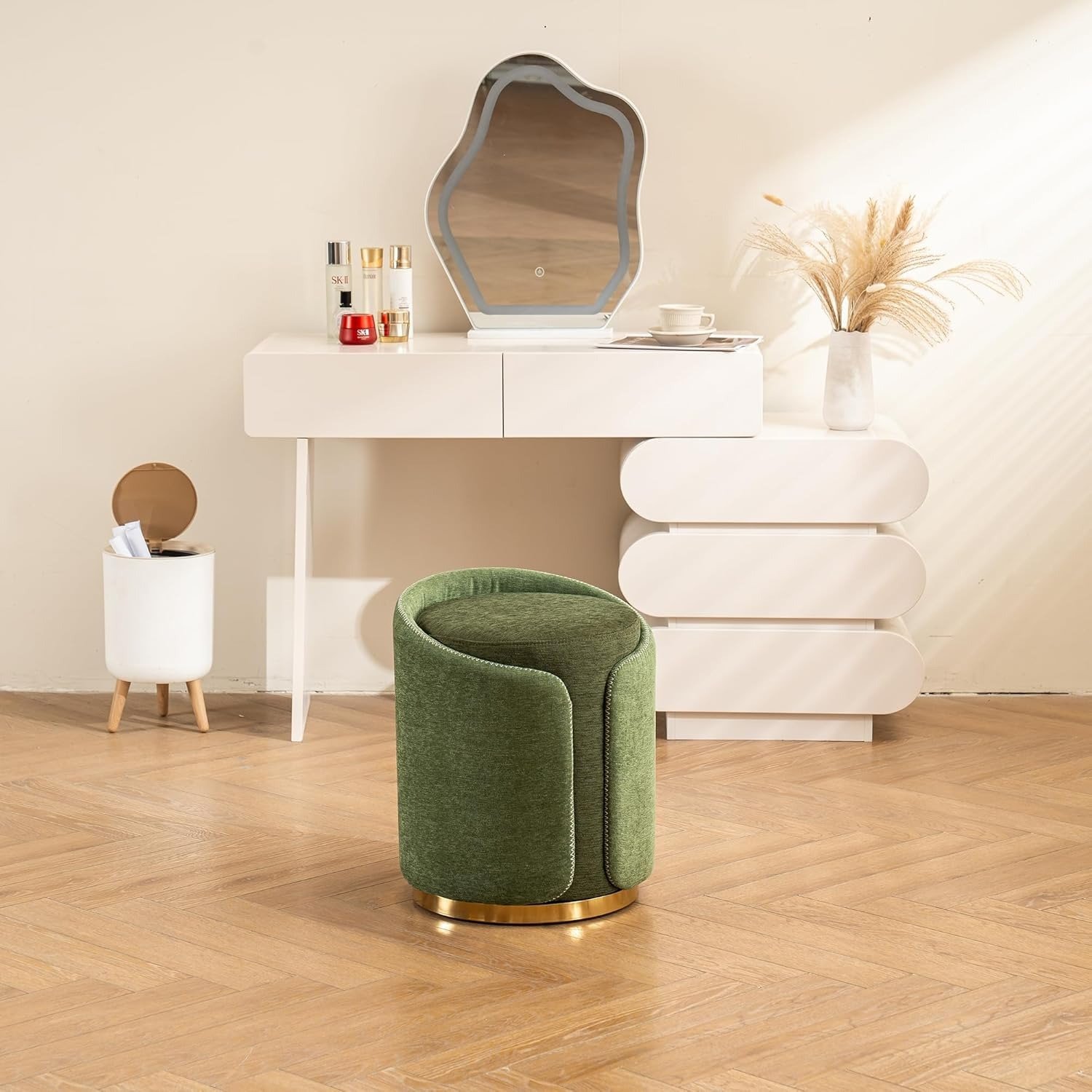 wholesale-vanity-ottoman-stool-dark-green-velvet-with-gold-base