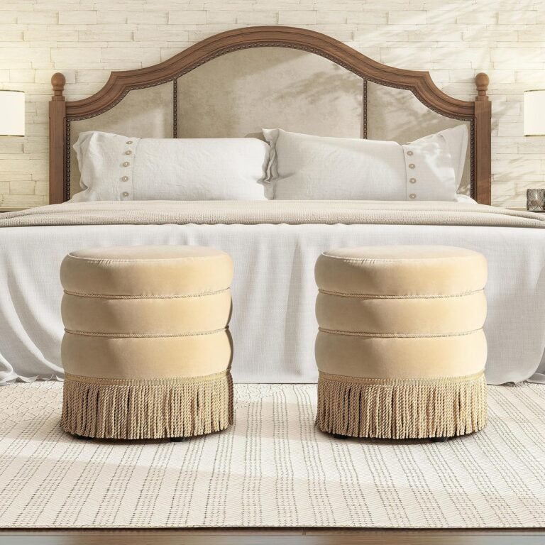 Elegant round velvet ottoman with long fringe tassels for luxury living room