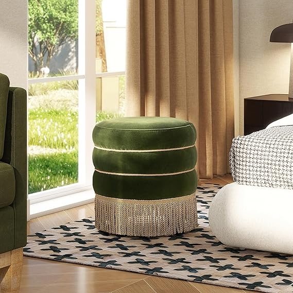round upholstered ottoman stool with decorative fringe 17.5 inch velvet accent footstool for living room bedroom vanity or entryway 12 round upholstered ottoman stool with decorative fringe 17.5 inch velvet accent footstool for living room bedroom vanity or entryway 12