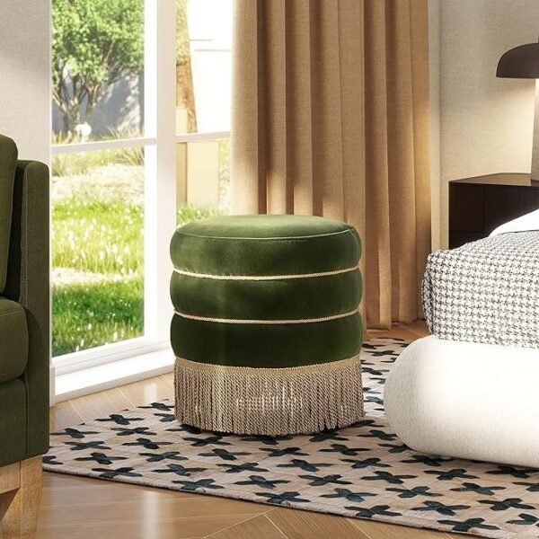 round upholstered ottoman stool with decorative fringe 17.5 inch velvet accent footstool for living room bedroom vanity or entryway 14 round upholstered ottoman stool with decorative fringe 17.5 inch velvet accent footstool for living room bedroom vanity or entryway 14