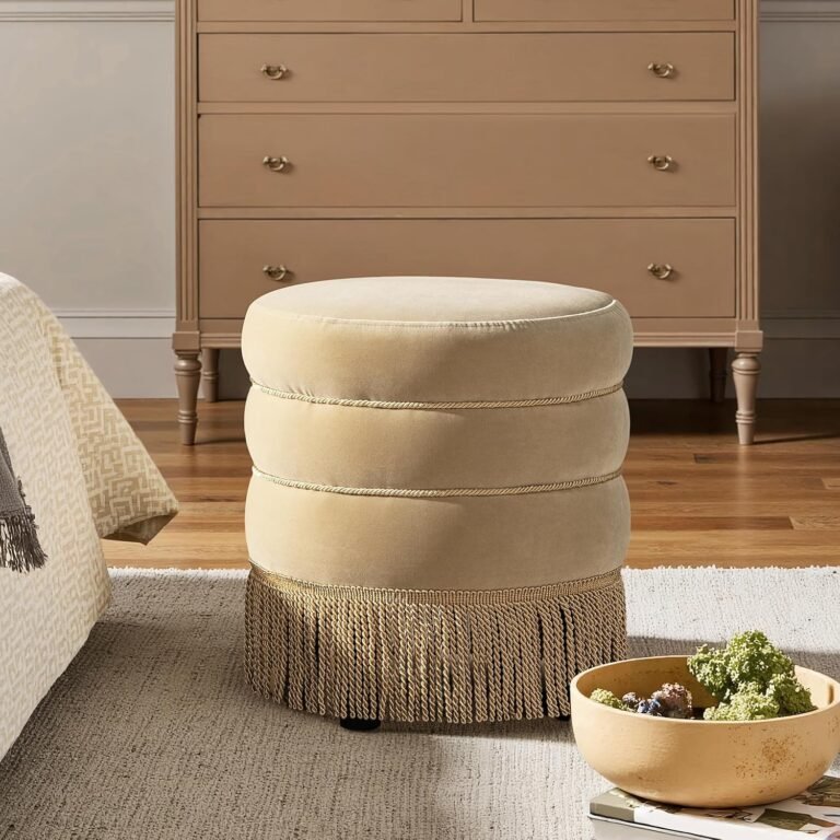 round upholstered ottoman stool with decorative fringe 17.5 inch velvet accent footstool for living room bedroom vanity or entryway 8