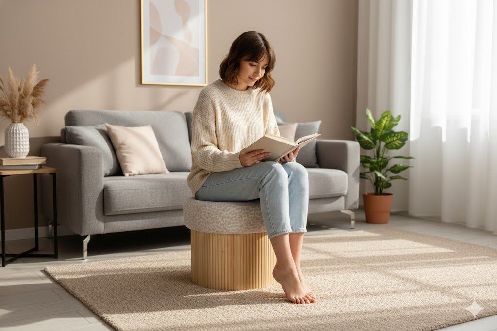 Detail of the woven Bohemian fabric upholstery on the removable ottoman lid