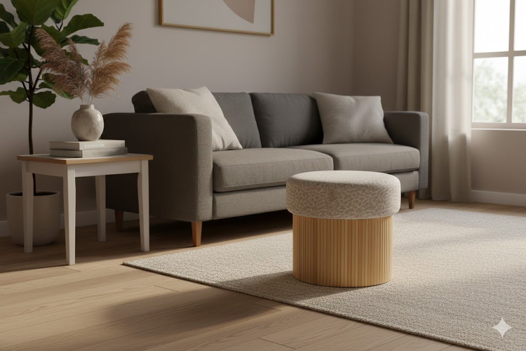 Compact round wooden storage bench placed next to a sofa in a minimalist home