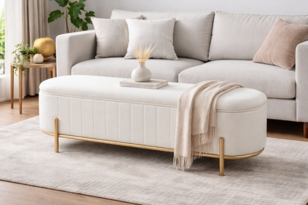 2026 trend design wholesale white velvet storage bench with gold legs fz victor 1