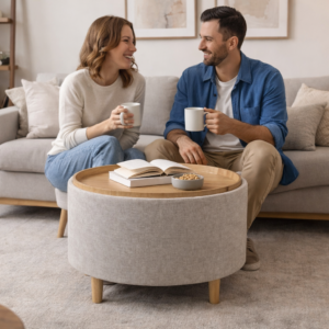 Image 1 (Serpentine Ottoman): Modern sage green kidney-shaped ottoman with a unique four-tier horizontal design, manufactured for contemporary living room seating