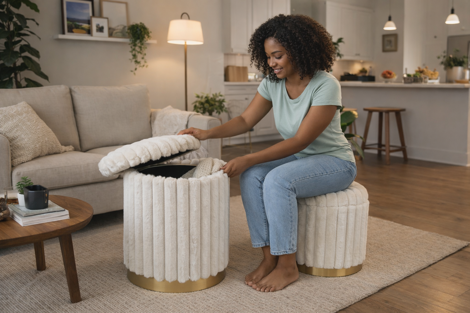 Custom sage green kidney-shaped ottoman crafted by a professional ottoman manufacturer for modern living room seating