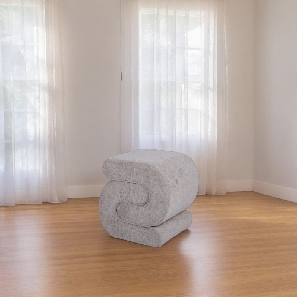 Modern grey accent ottoman manufacturer showcasing a unique curved vanity stool for home and office lounges