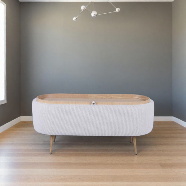 nordic oval storage bench ottoman with integrated tray and wooden legs 2