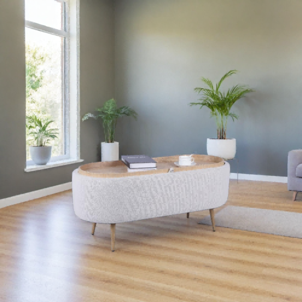 nordic oval storage bench ottoman with integrated tray and wooden legs