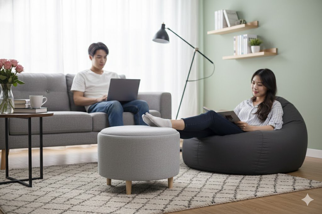 A woman sitting on a white faux-fur storage ottoman while opening another, highlighting functional hidden compartments from a specialized ottoman manufacturer
