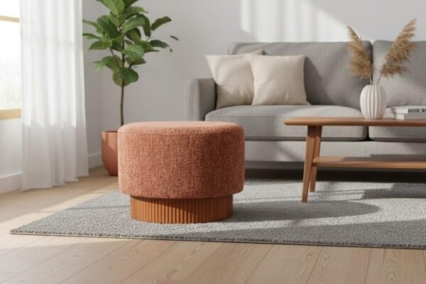 Wholesale premium stacked cork strip ottoman stool with terracotta boucle fabric