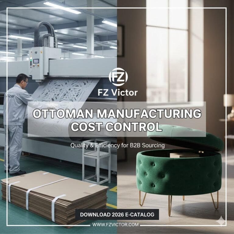 FZ Victor factory production line demonstrating Ottoman Manufacturing Cost Control through lean sourcing and automated fabric cutting for B2B furniture buyers.