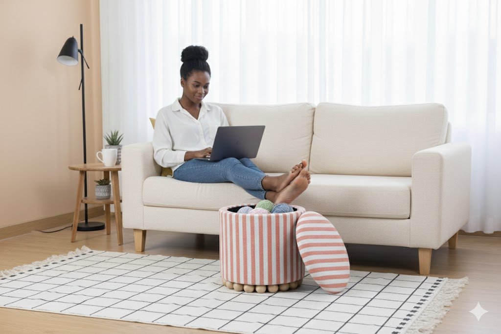 Open storage ottoman showing internal space and high-density foam padding, sourced directly from a specialized ottoman manufacturer