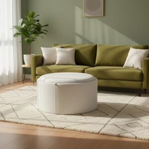 A multi-functional grey fabric ottoman coffee table with a natural wood tray top, perfect for modern living rooms, designed by an ottoman manufacturer