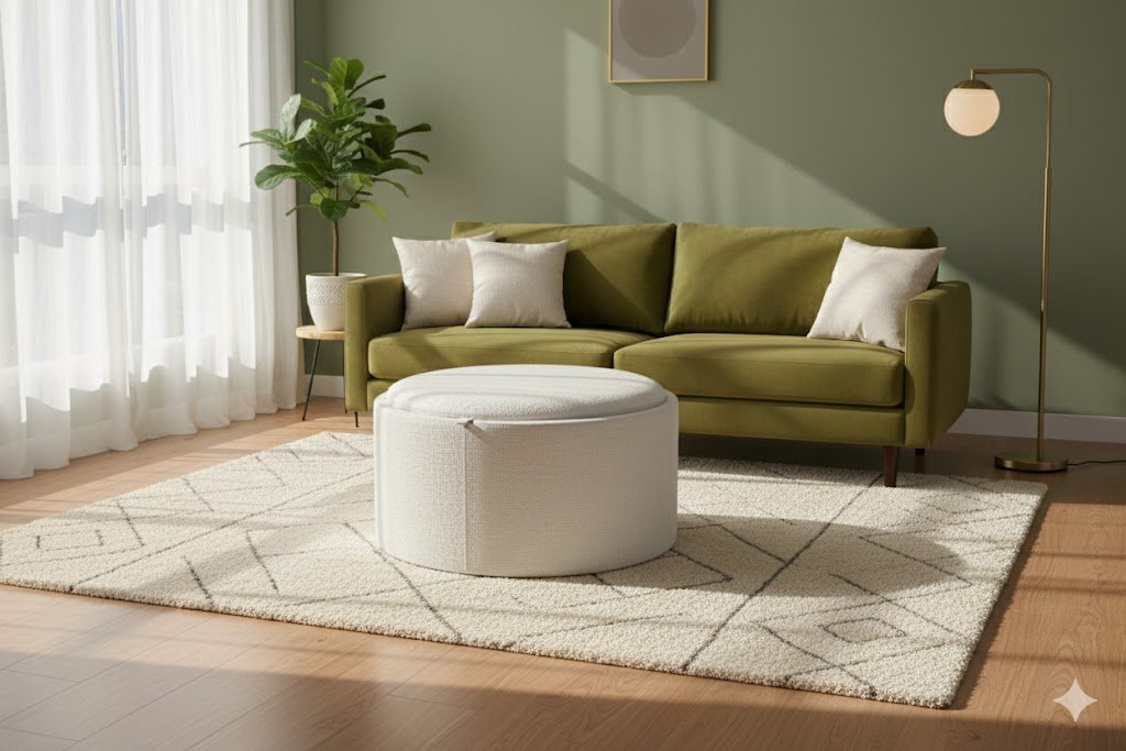 A multi-functional grey fabric ottoman coffee table with a natural wood tray top, perfect for modern living rooms, designed by an ottoman manufacturer
