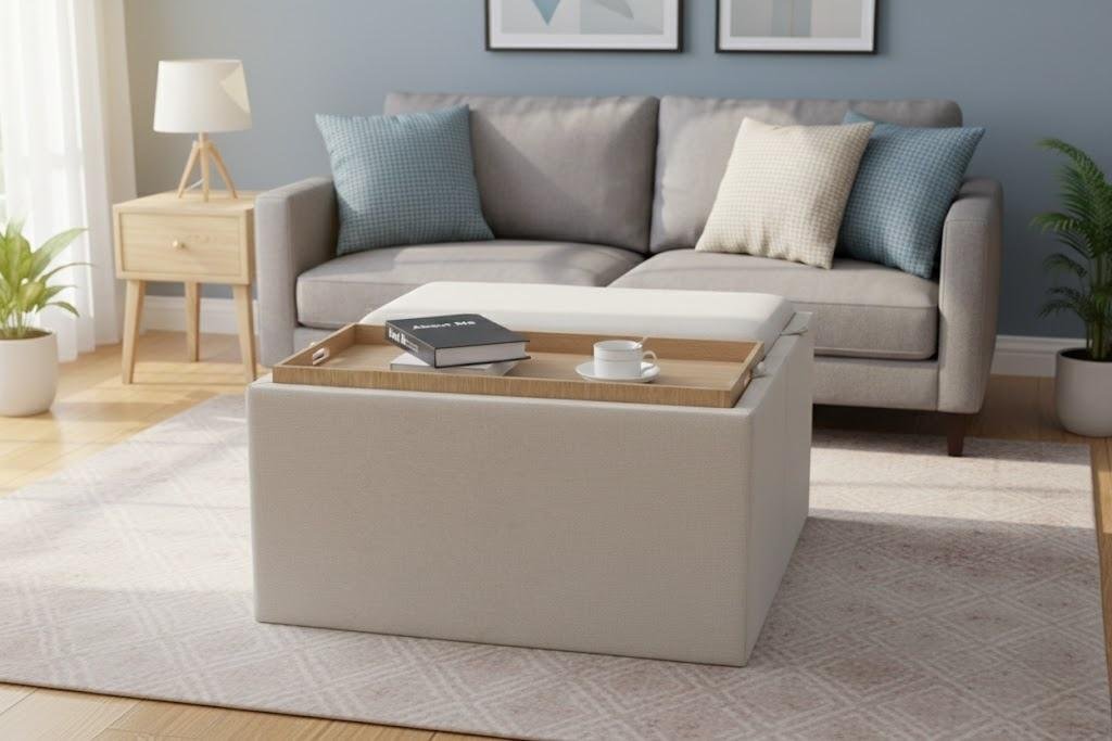 Cream fabric ottoman with high-quality wooden tray detail