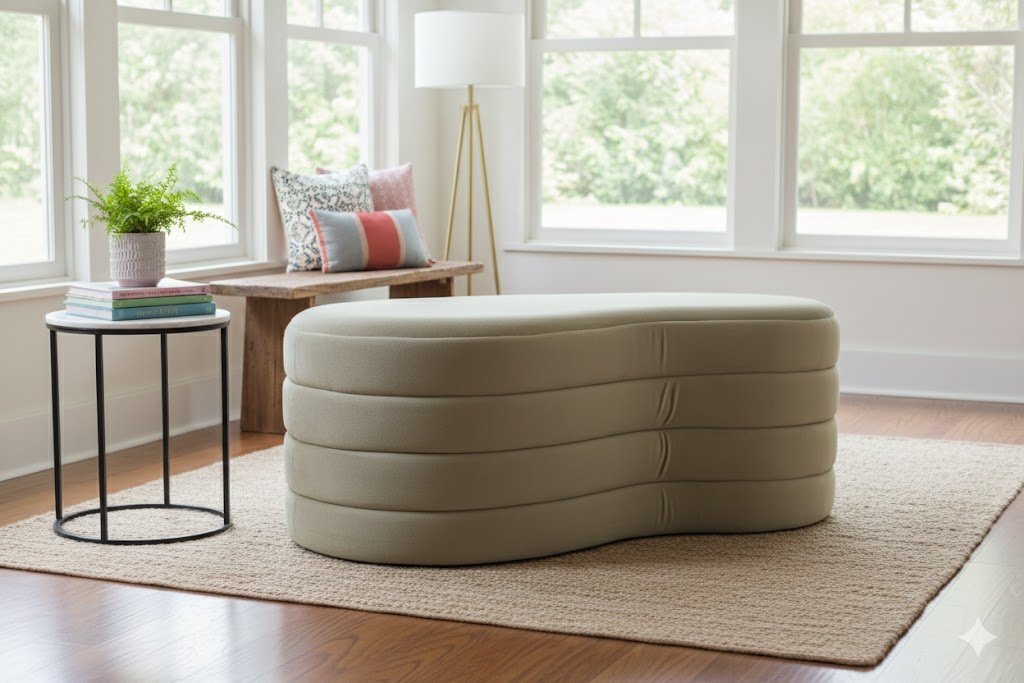 Custom sage green bean-shaped ottoman produced by a leading furniture and ottoman manufacturer