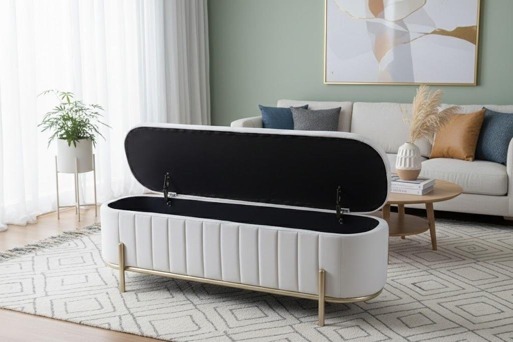 End of bed storage ottoman for blanket storage