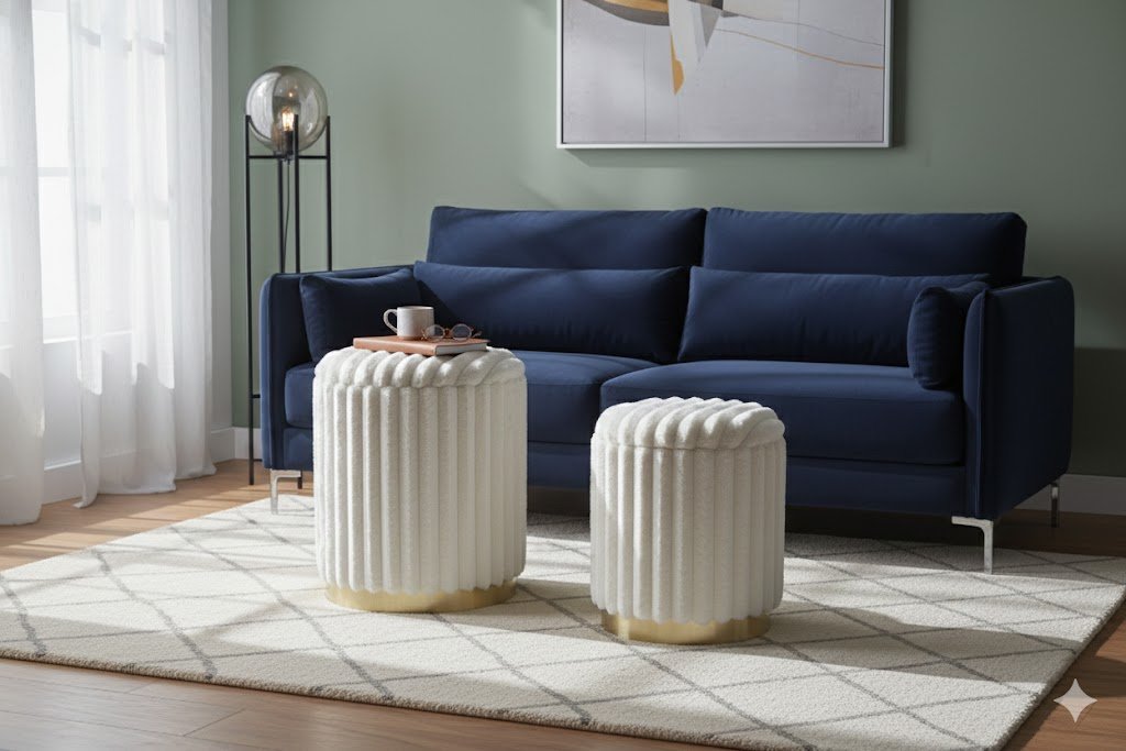 Set of two cream faux-fur storage ottomans with gold metal bases, showcasing high-quality production from a specialized ottoman manufacturer