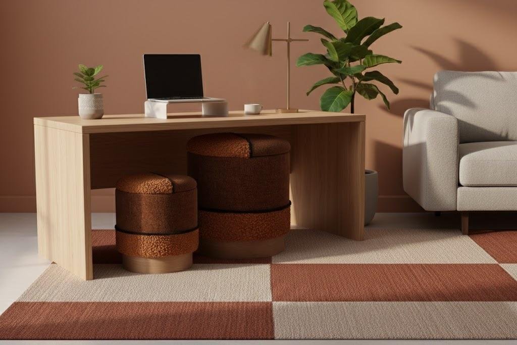 Orange boucle and brown fabric two-tone ottoman detail