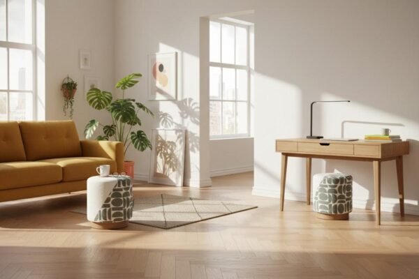 Grey geometric print upholstered footstool manufacturer