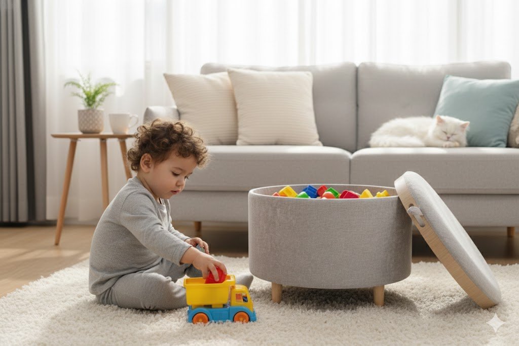 Set of two cream-colored cylindrical ottomans with vertical ribbed upholstery and elegant gold metal bases for luxury interior decor