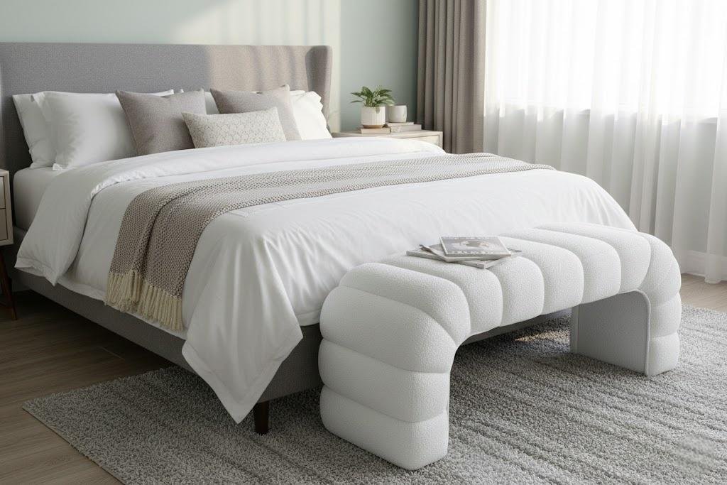 Luxury channel-tufted arched ottoman bench detail