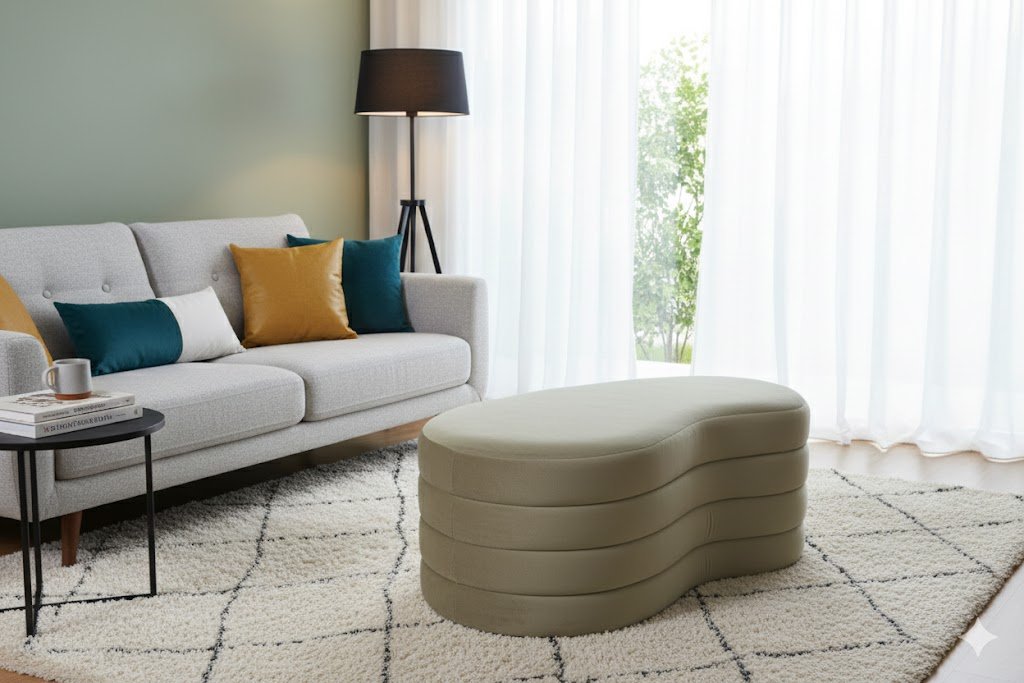 Modern kidney-shaped upholstered ottoman with a unique layered-tier aesthetic for contemporary living rooms