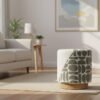 Round upholstered vanity stool with wood pedestal base