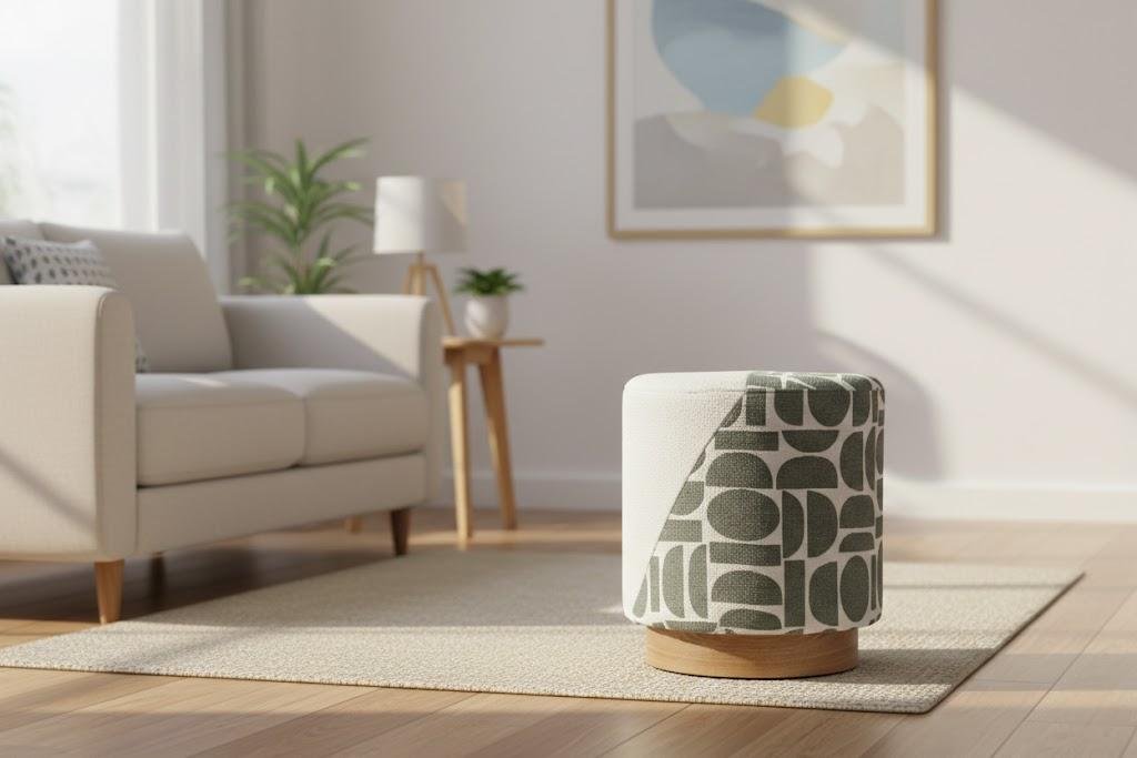 Round upholstered vanity stool with wood pedestal base