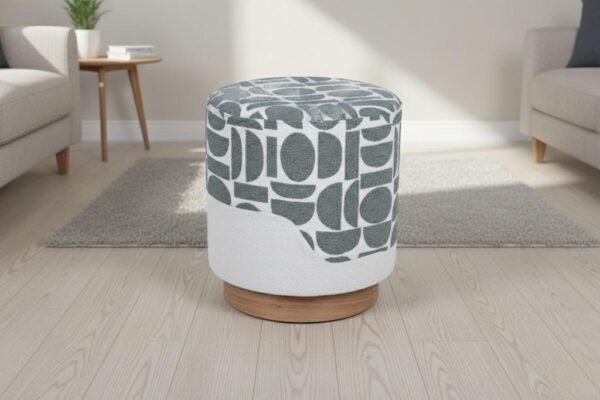 Round upholstered stool with natural wood base