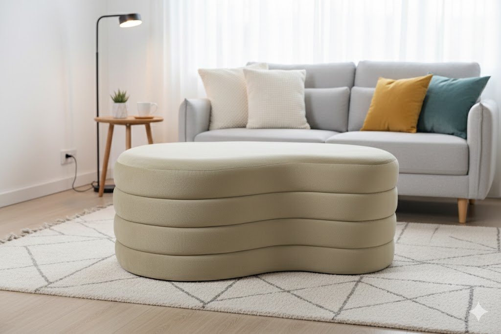 Large fabric-covered decorative bench ottoman ideal for lounge seating and boutique hotel interiors