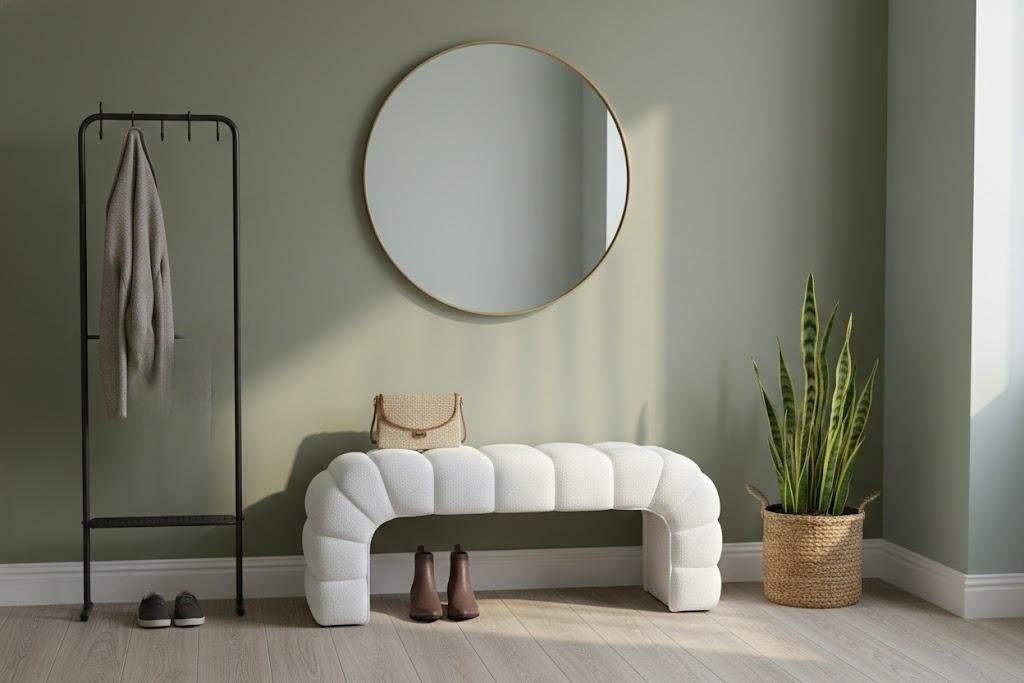 High-density white textured fabric upholstered bench