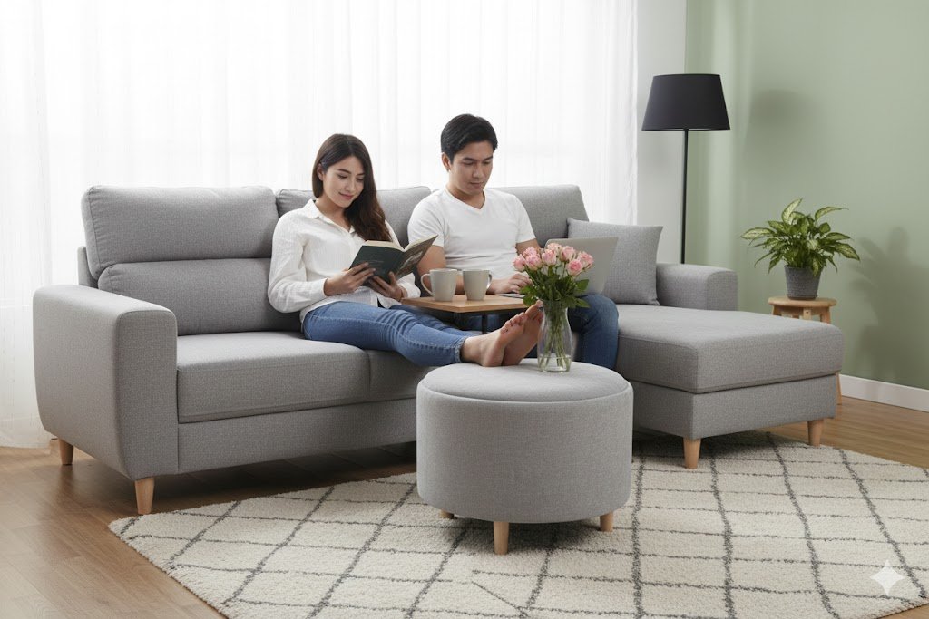 Large round upholstered coffee table ottoman with a natural wood tray top, designed by a professional manufacturer for multi-functional living spaces