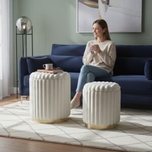 A woman demonstrating the hidden compartment of a plush ribbed storage ottoman, highlighting the functional designs offered by an ottoman manufacturer