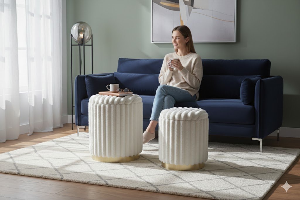 A woman demonstrating the hidden compartment of a plush ribbed storage ottoman, highlighting the functional designs offered by an ottoman manufacturer