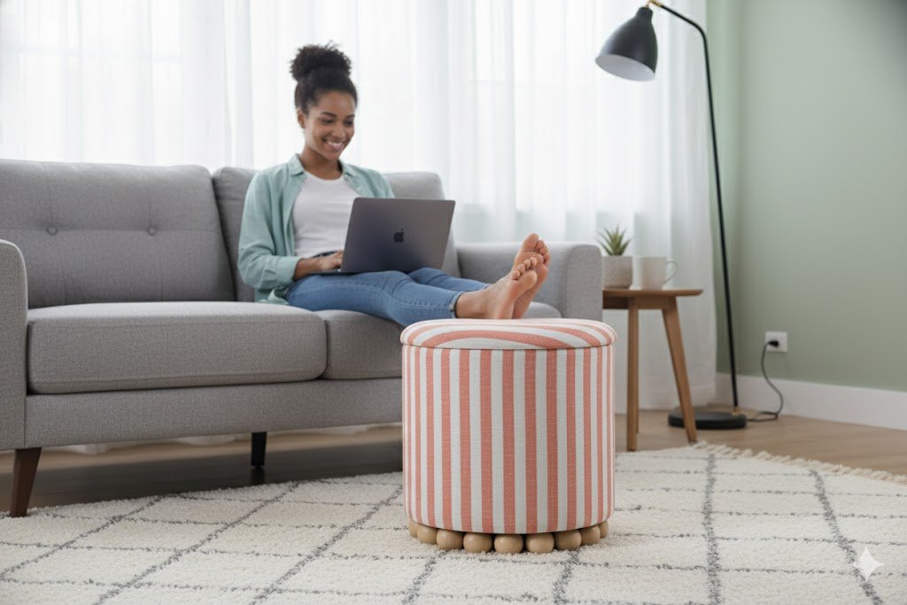 Living room interior featuring a peach-colored striped storage ottoman on a grey rug, showcasing the design capabilities of an ottoman manufacturer