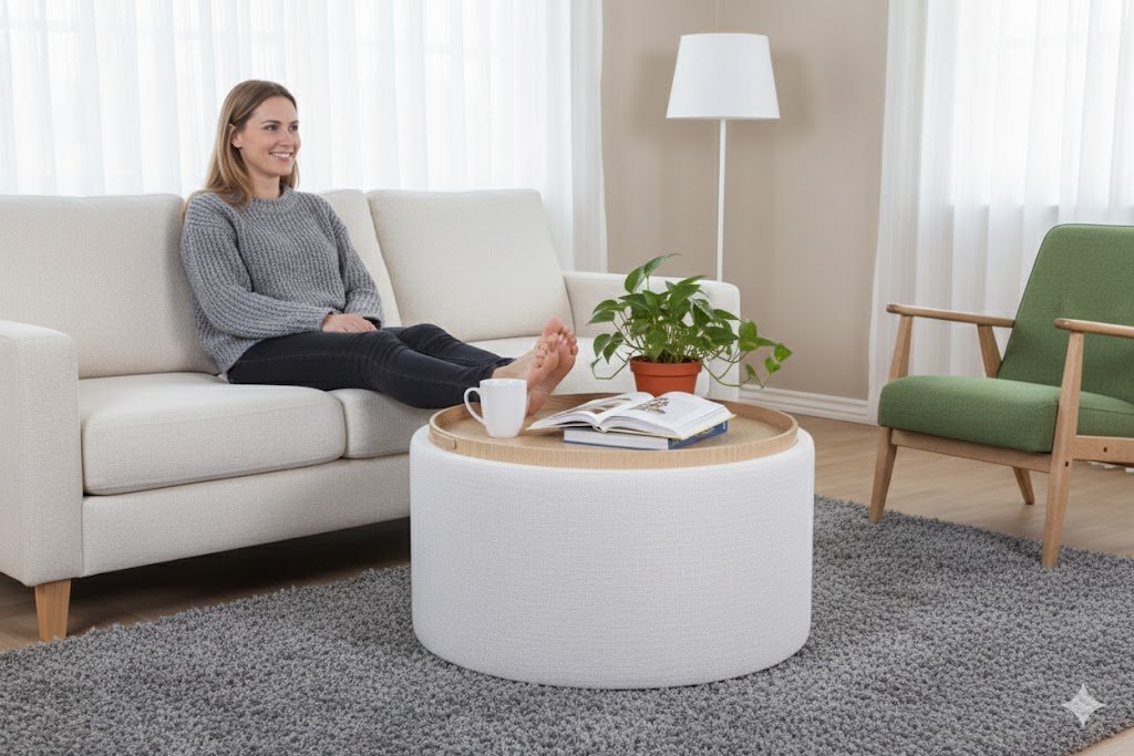 A functional dark terracotta pleated storage ottoman with an open lid, showcasing space-saving designs from a specialized ottoman manufacturer