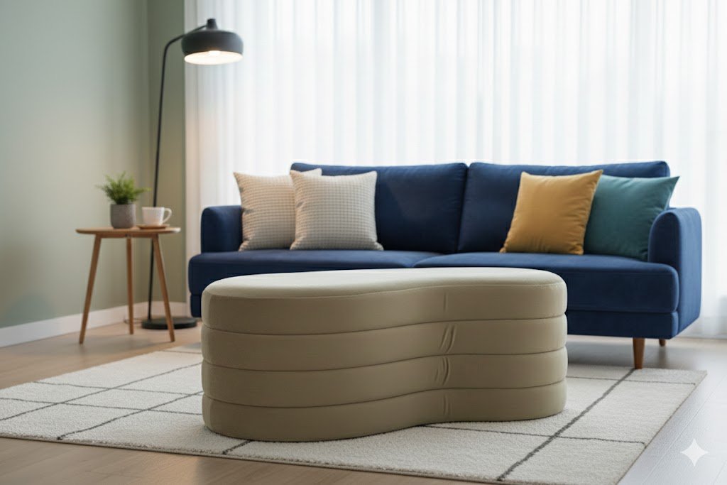 Minimalist pistachio-colored curved ottoman styled on a jute rug in a bright, modern sunroom