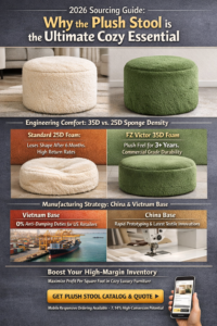 Luxury plush stool with high-density 35D foam and velvet texture in a bedroom
