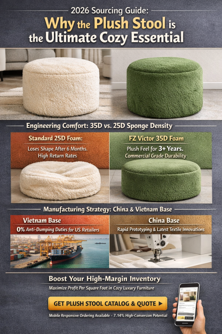 Luxury plush stool with high-density 35D foam and velvet texture in a bedroom