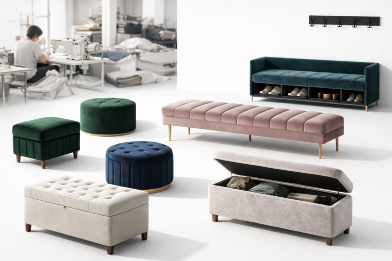 Custom mudroom bench manufacturing factory in China - Round velvet ottoman display