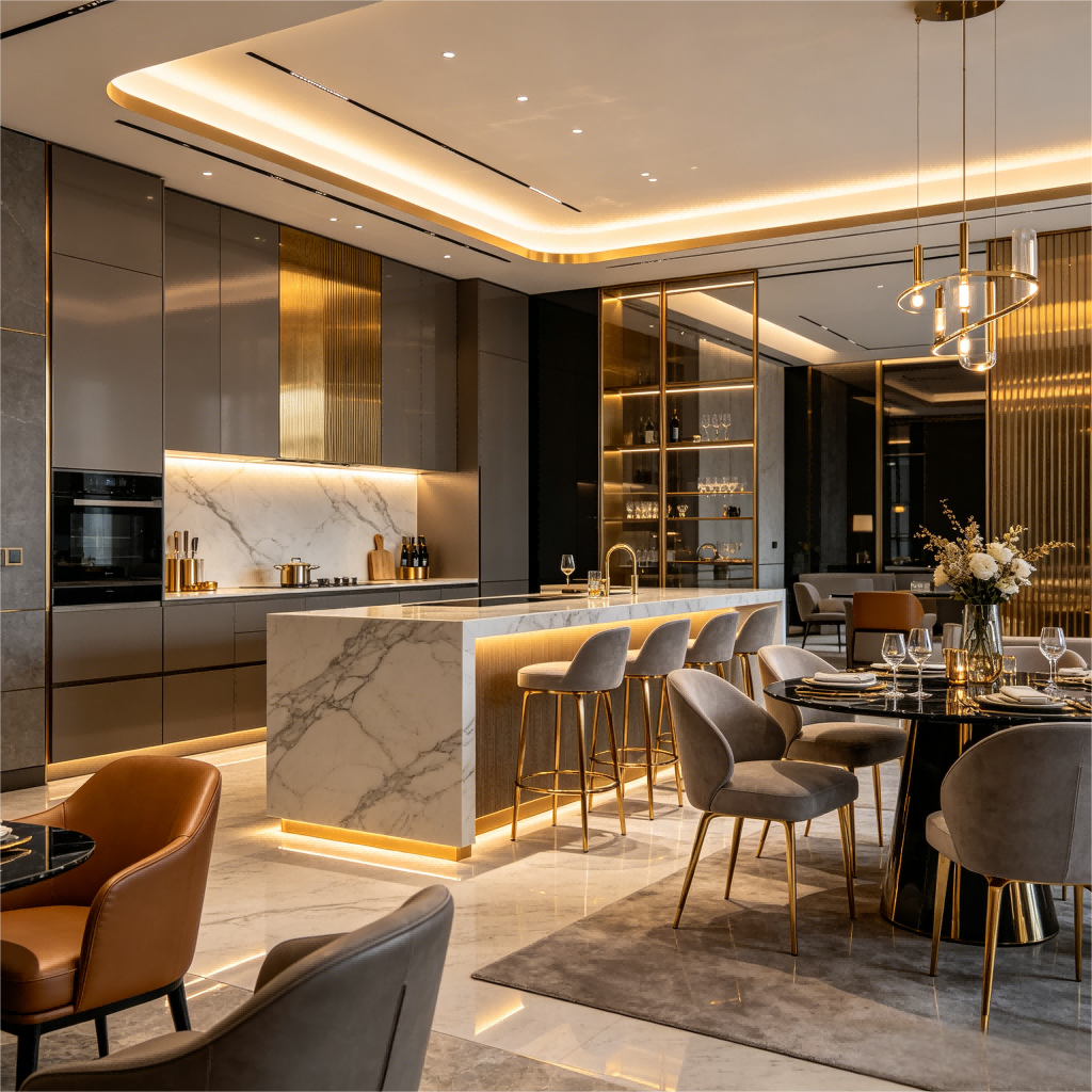 Modern kitchen counter with stools by FZ Victor