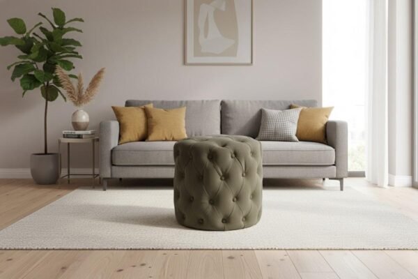 Internal storage space of boucle ottoman with wooden frame detail