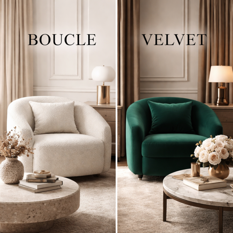 Comparison of boucle vs velvet fabric textures for wholesale storage ottomans 2026 trends