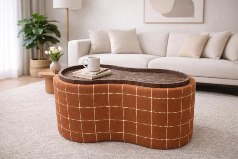 A luxury walnut organic shaped coffee table with a pebble-like silhouette in a minimalist Japanese-inspired living room setting.