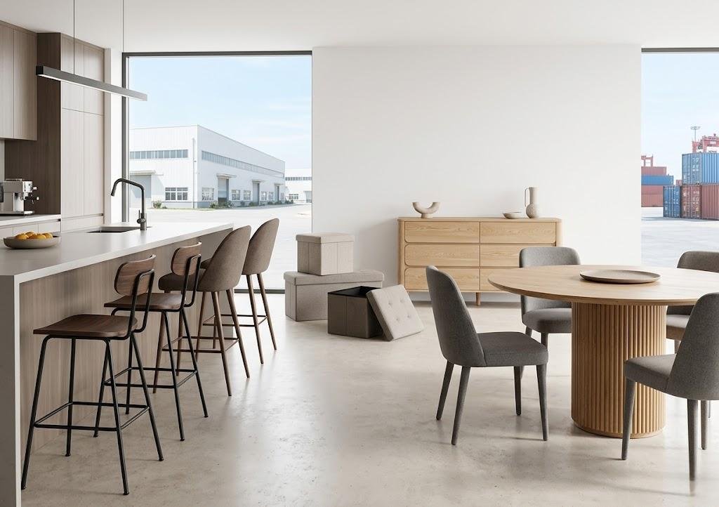 Grey dining chairs set around a dining table